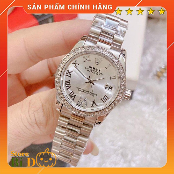 [Cao Cấp]Đồng hồ Rolex nữ mặt size 32mm đính hạt dây màu BẠC đúc hợp kim NGUYÊN KHỐI không gỉ, không phai màu