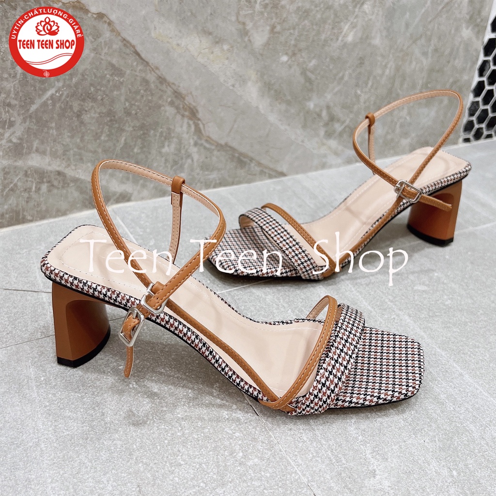 Giày sandal nữ quai chéo đế trụ 5 phân, Guốc phối kẻ caro, Teen Teen Shop mã SandalLV