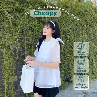 Áo babydoll nữ voan tơ nơ vai Cheapy tay phồng cộc tay màu trắng freesize cổ vuông dáng xòe tiểu thư hàn quốc C775