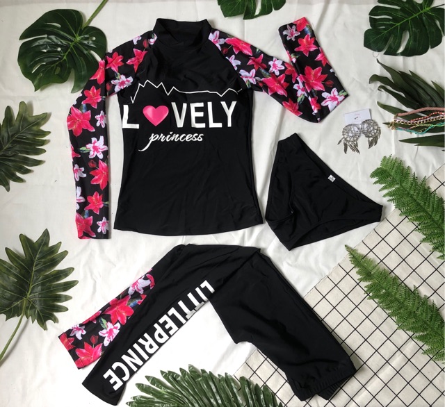 [CÓ BIG SIZE] Đồ bơi dài tay quần dài hoa đen LOVELY | BigBuy360 - bigbuy360.vn
