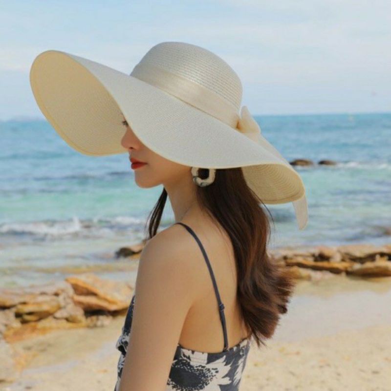 Mũ cói rộng vành nơ vải bố