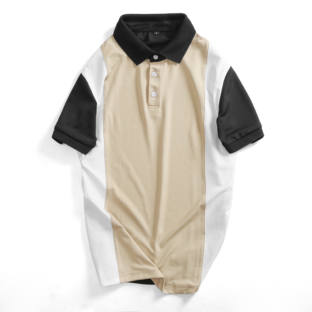 Áo Polo Nam đẹp FEEL GOOD basic -Áo thun nam có cổ trụ bẻ, phối sọc dọc cà phê đen trắng vải cá sấu poly