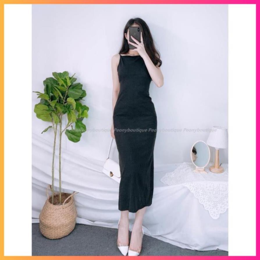 Đầm Hai Dây Hở Lưng Nữ Váy midi 2s body dáng ôm màu đen trơn thiết kế sexy Ulzzang HOT  ྇