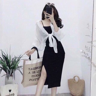 ✨HOT✨Set đầm dây kèm sơmi von cột lai