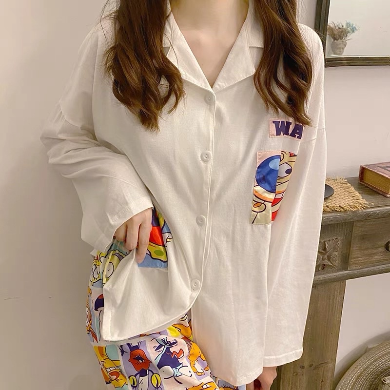 Bộ đồ ngủ phong cách Hàn Quốc áo trắng, quần hoạ tiết dễ thương | BigBuy360 - bigbuy360.vn