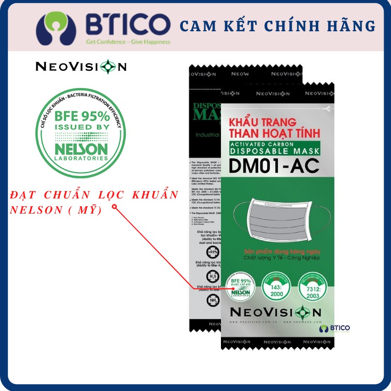 Khẩu trang than hoạt tính NeoVision DM01-AC lọc bụi, lọc khuẩn 95%, lọc hóa chất nồng độ loãng ( gây mùi khó chịu)