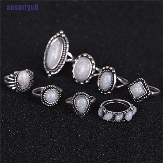 Set 8 nhẫn màu bạc khảm đá opal