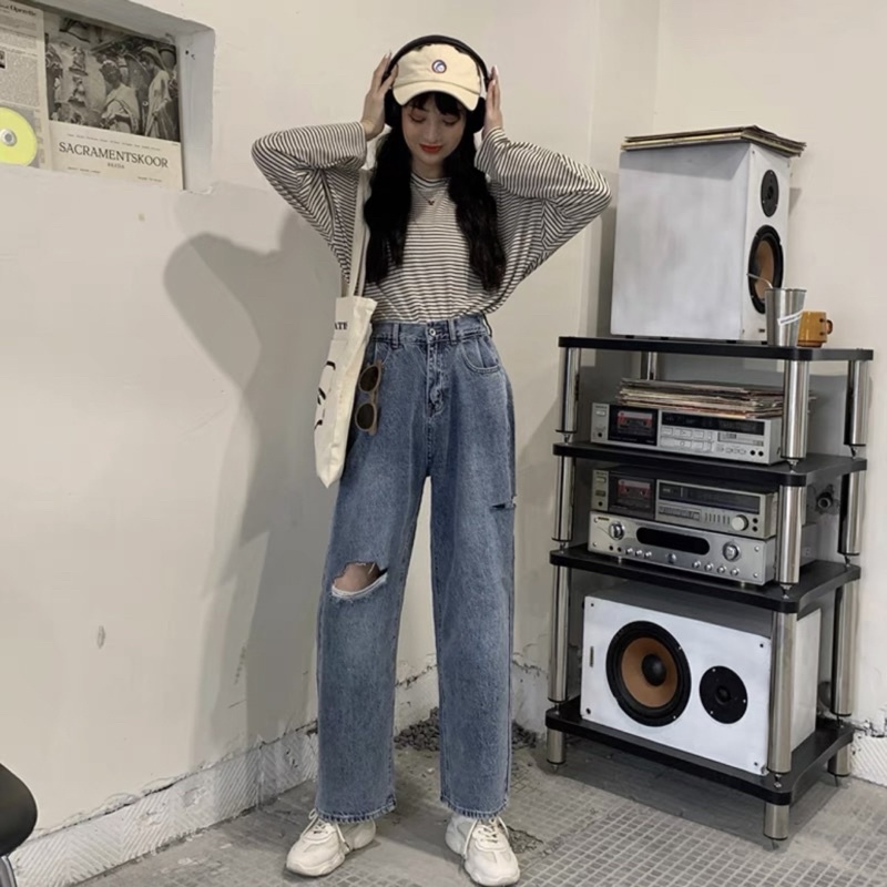 Quần Jeans Ống Suông Lưng Cao Catty Bigsize, Quần Ống Rộng Lưng Cao bigsize nữ xanh đá