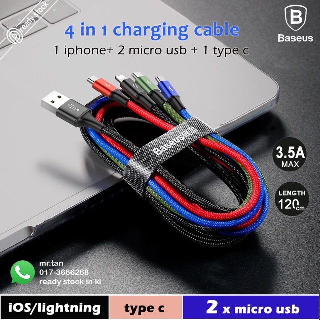 Dây sạc 4 đầu baseus - cáp sạc nhanh 3 in 1 iphone micro usb type c baseus