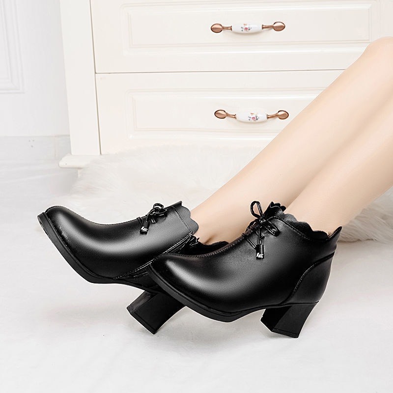 Bốt nữ cổ ngắn lót lông đính nơ gót thô 6cm C06 có video | BigBuy360 - bigbuy360.vn