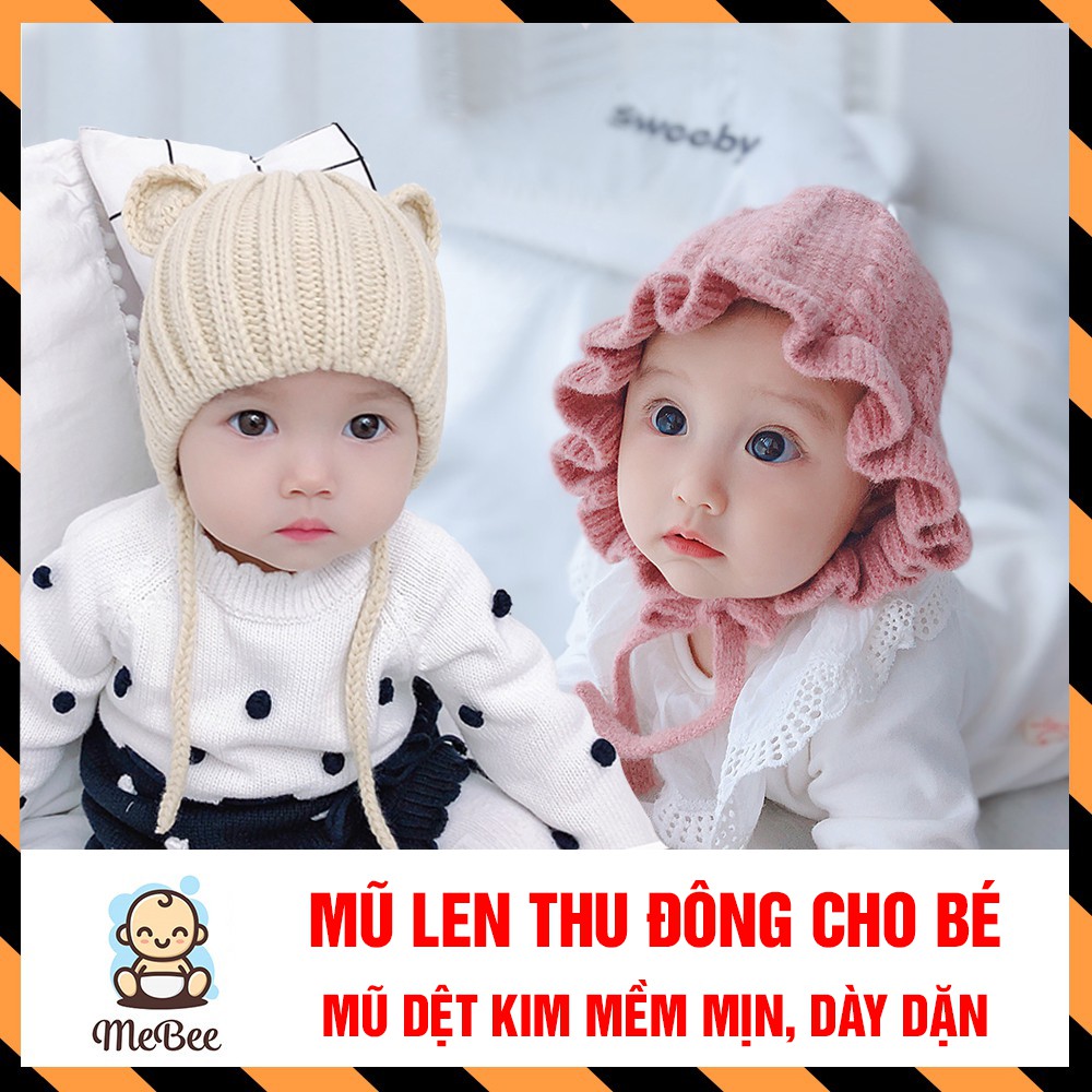 Mũ len dệt kim thu đông (có dây buộc), giữ ấm cho bé từ 4 tháng- 3 tuổi