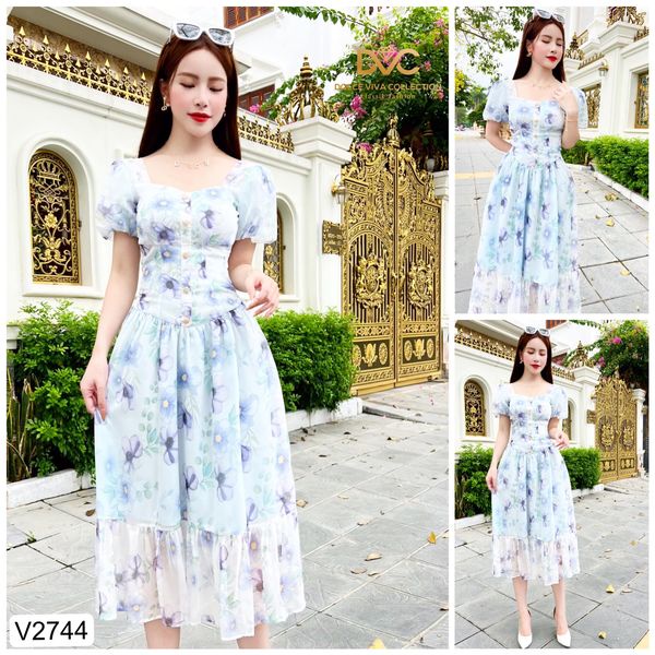 Đầm hoa xanh thiết kế dáng xòe cổ vuông đính khuy xinh xắn DVC V2744