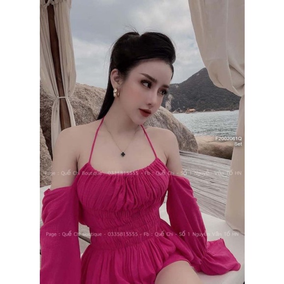 Set áo nhún chun eo 2 dây cột cổ rớt vai tay dài loe phối quần short 2002