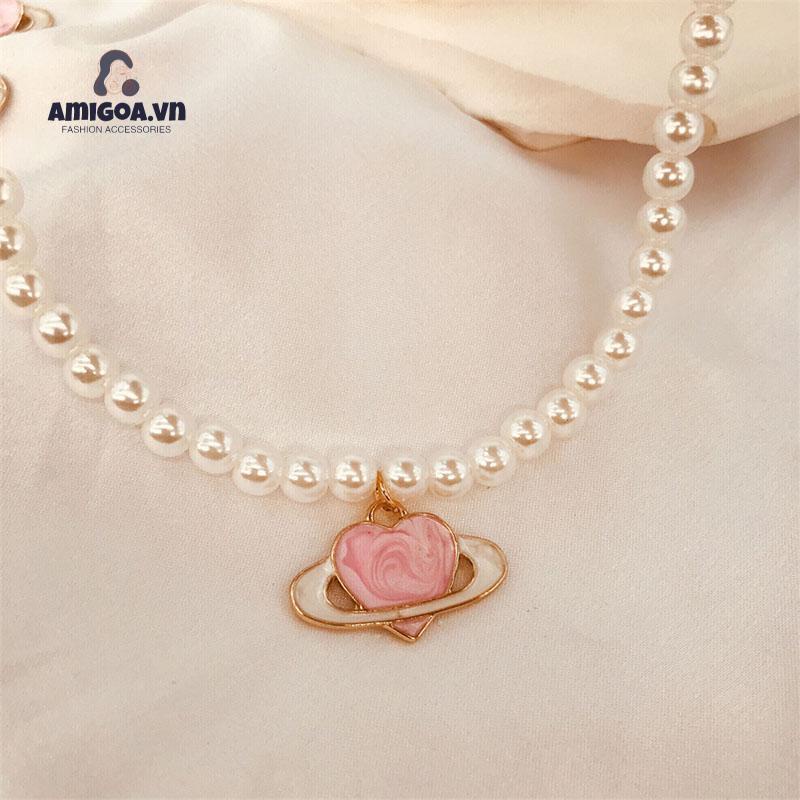 ✨✨Vòng cổ Mặt Hình Hành Tinh Trái Tim Màu Hồng Đính Ngọc Trai Phong Cách Dành Cho Nữ