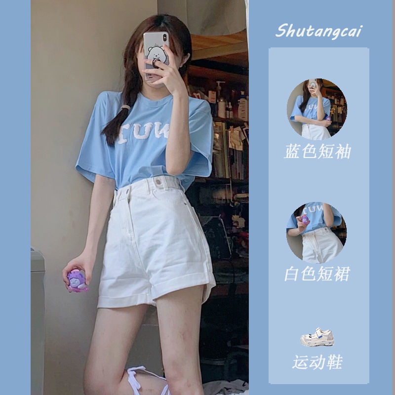 Hàng Mới Về Mới Set Áo Tay Ngắn Cổ Tròn + Quần Short Denim Lưng Cao Thời Trang Mùa Hè Năm 2021 Cho Nữ