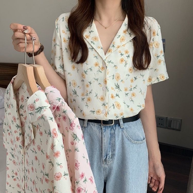 Áo Sơ Mi Chiffon Tay Ngắn In Họa Tiết Hoa Phong Cách Phương Tây Thời Trang Dành Cho Nữ