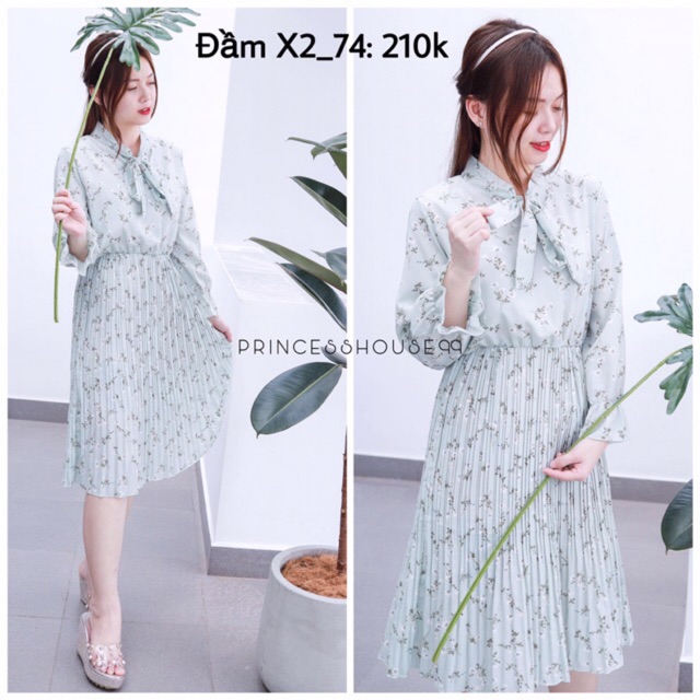 Đầm Maxi Hoa Cổ Nơ Váy Dập Ly Cao Cấp