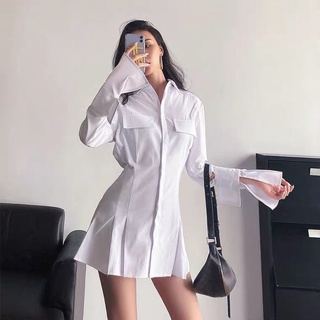( ADELLA ) Váy sơ mi trắng cá tính đuôi váy xếp li thời trang new