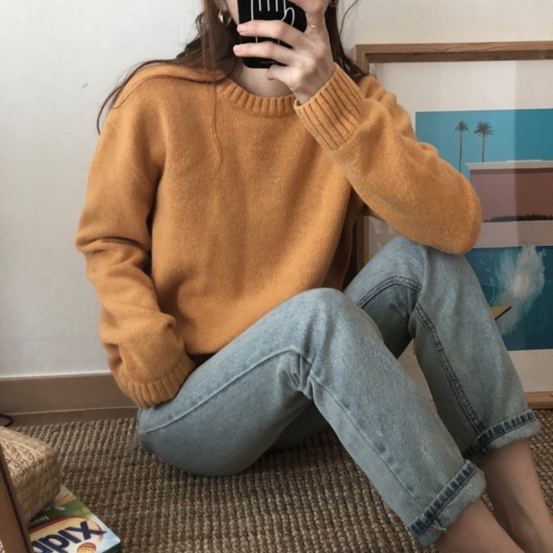 ♀♀Áo Sweater Dệt Kim Cổ Tròn Dáng Rộng Màu Trơn Thời Trang Thu Đông Phong Cách Hàn Quốc Cho Nữ
