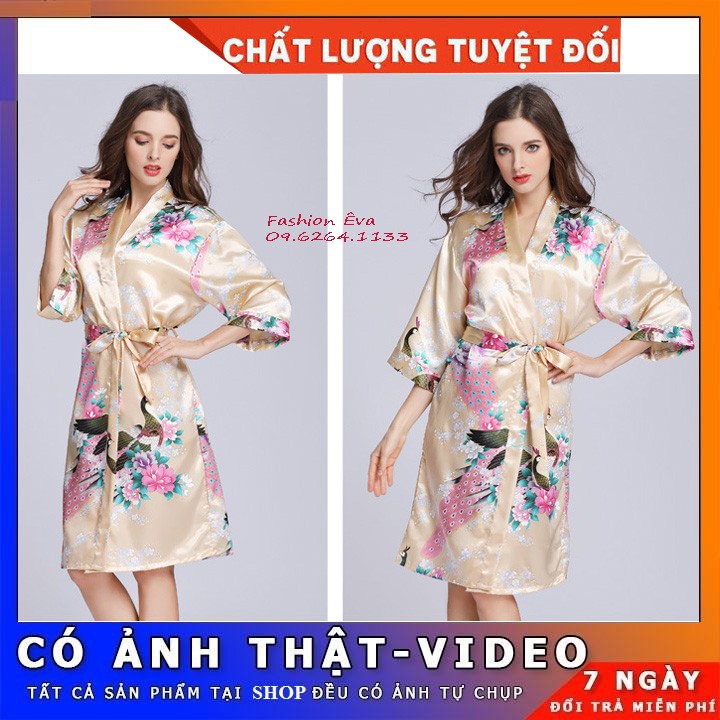 💖[HÀNG QUẢNG CHÂU, FREE SHIP TỪ 50K] 💖 Áo Choàng Lụa Pijama Dài Họa Tiết Khổng Tước Và Hoa | Kiểu Dáng Choàng Kimono..