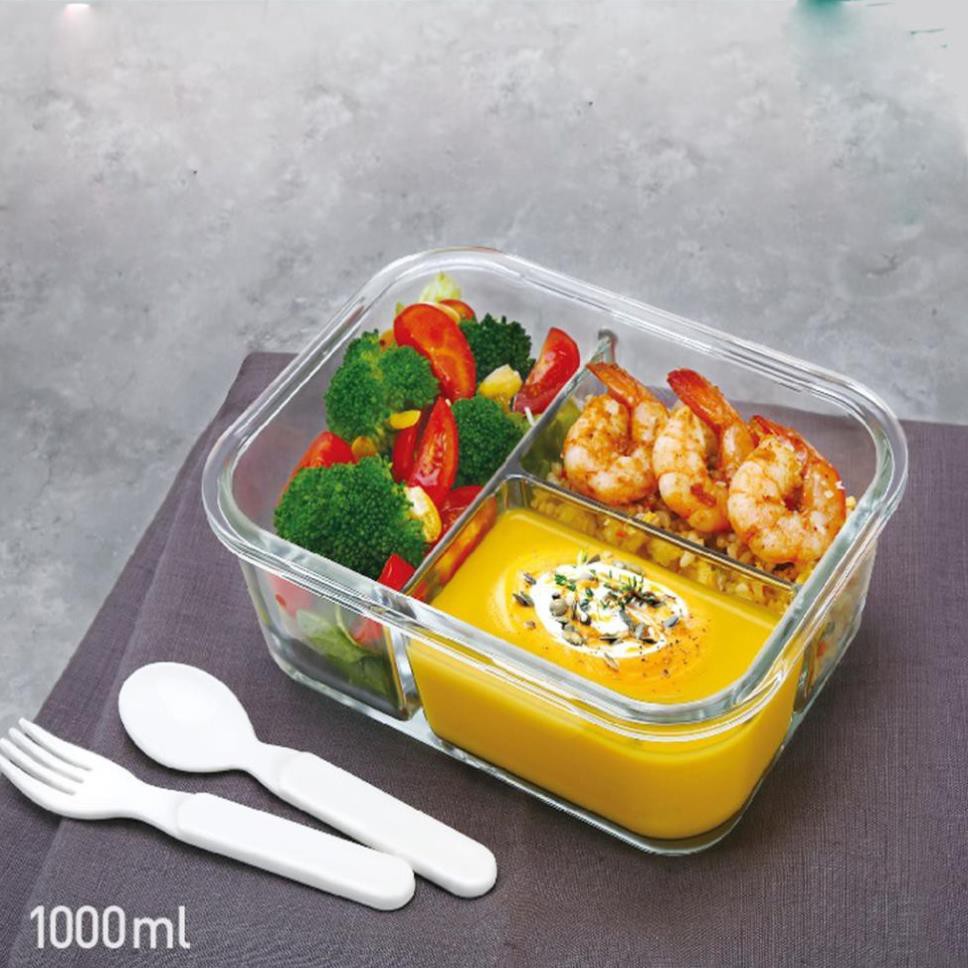 Hộp Cơm Văn Phòng Thủy Tinh 3 Ngăn Chịu Nhiệt - 1000ml [ Sử dụng được lò vi sóng]
