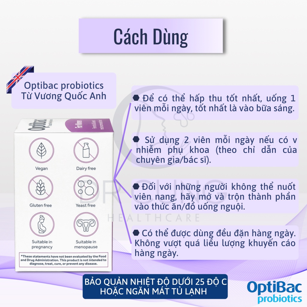 Bác Sĩ Cung Optibac Tím - Men Vi Sinh Phụ Khoa, Chăm Sóc Vùng Kín, Lợi Khuẩn, Tăng Sức Đề Kháng (Hộp 30 viên/90 viên)