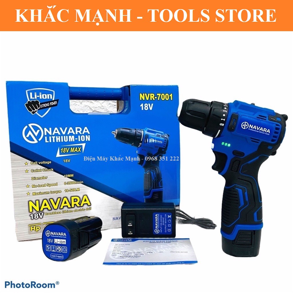 MÁY KHOAN PIN NAVARA NVR-7001 18V ĐỘNG CƠ KHÔNG CHỔI THAN, PIN 4 CELL
