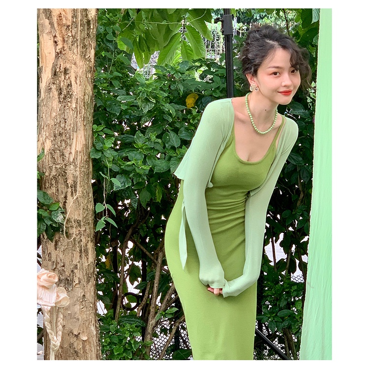 Set Áo Khoác Mỏng + Váy 2 Dây Body Xẻ Hông Sling Dress Style Retro Cho Nữ