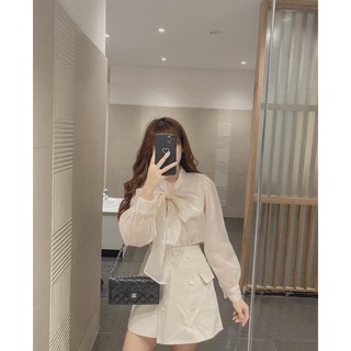 [Mã FATHANG5 giảm 10K đơn 50K] Áo bóng nhũ cổ nơ be