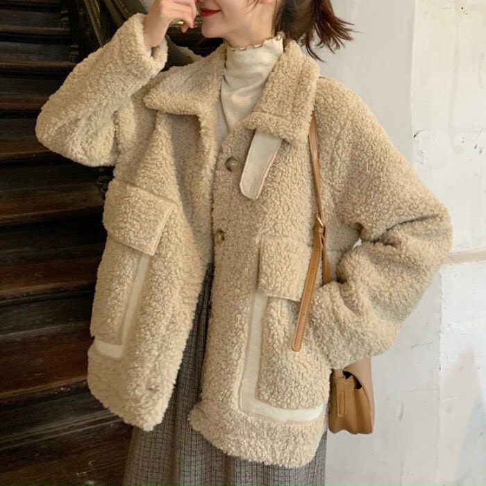 Áo Nỉ Lông Túi Hộp Nữ - Áo khoác be cổ bẻ form rộng thiết kế bắt mắt, cá tính HOT TREND | BigBuy360 - bigbuy360.vn