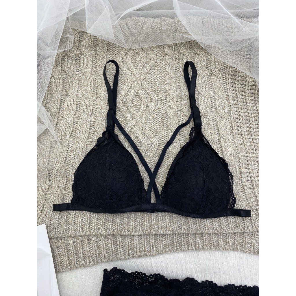 👙 Bra thiết kế sexy 👙 Đồ lót ren sexy màu đen có dây ôm ngực nguyên set gồm áo + quần