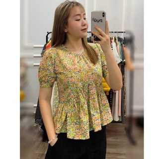 Áo sơ mi nữ ngắn tay đuôi cá họa tiết hoa cúc Evalover