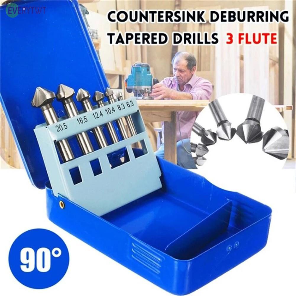 6Pcs 3 Flute Round shank 90 Degree HSS Countersink Deburring Tapered Drill Bits