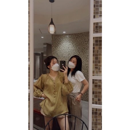 ( Ảnh thật ) A0603 Áo sơ mi cúc ngực tay bồng oversize