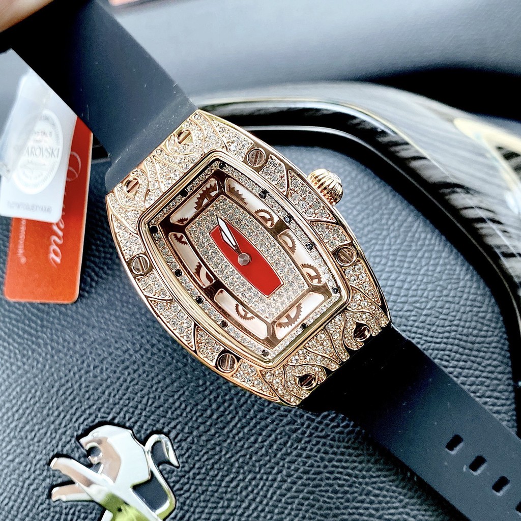 Đồng Hồ Nữ Davena Dây Silicon Đen Mặt Hoa Văn Đính Đá Rose Gold D31995 36mm Authentic