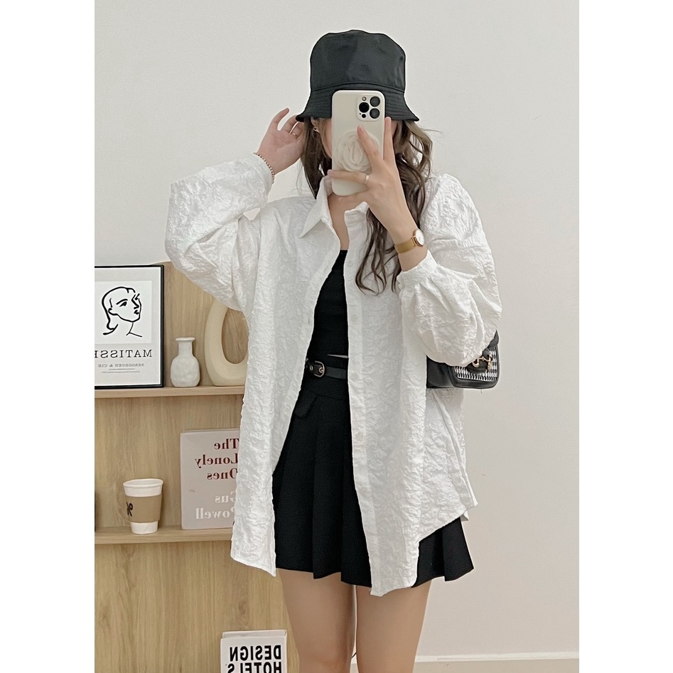 Áo Sơ Mi Nữ Dáng Rộng Oversize Chất Gấm Xốp Hoa Nổi 3D Dài Tay - Hanju