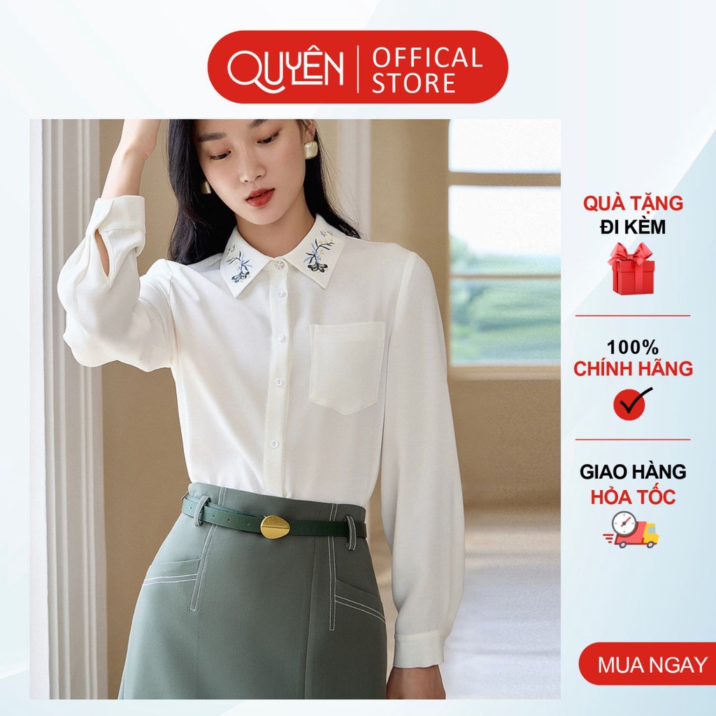 Áo sơ mi công sở thêu hoa cổ đính hạt thanh lịch QUYÊN FASHION SMT017, màu trắng kiểu hàn quốc túi ngực