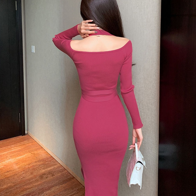 Đầm dệt kim phối ren thiết kế xẻ tà quyến rũ cho nữ