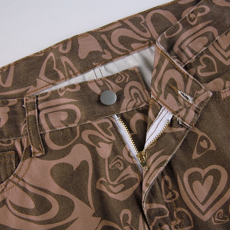 Quần jean thắt lưng cao in hình trái tim màu tương phản phong cách Âu Mỹ thời trang cho nữ