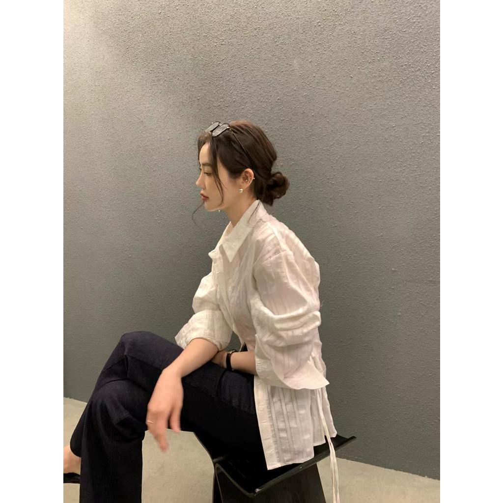 Áo Sơ Mi Ôm Dáng Buộc Dây Họa Tiết Kẻ Sọc Phong Cách Hàn Quốc Kiểu Mới 62215