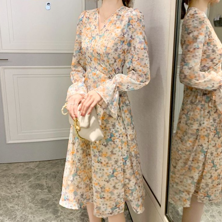 Đầm Ngắn Cổ Chữ V Cột Dây Eo In Họa Tiết Hoa Phong Cách Pháp Thời Trang Mùa Thu Mới Cho Nữ