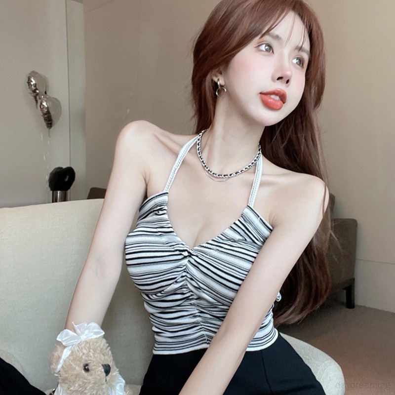Áo Tank Top Hở Lưng Họa Tiết Kẻ Sọc Phong Cách Hàn Quốc Thời Trang Quyến Rũ Cho Nữ