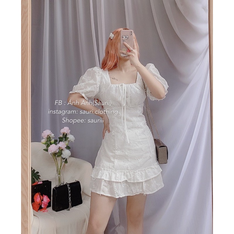 Váy bánh bèo trắng ren nổi vintage retro công chúa Đầm xoè ulzzang tiểu thư cổ vuông tay bồng hở lưng xinh xắn dạo phố