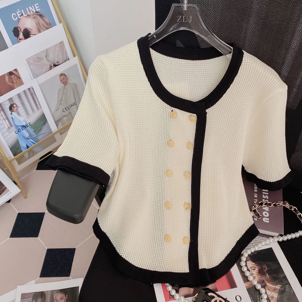 Áo Cardigan Tay Ngắn Hai Hàng Nút Đôi Phong Cách Hàn Quốc Chất Lượng Cao