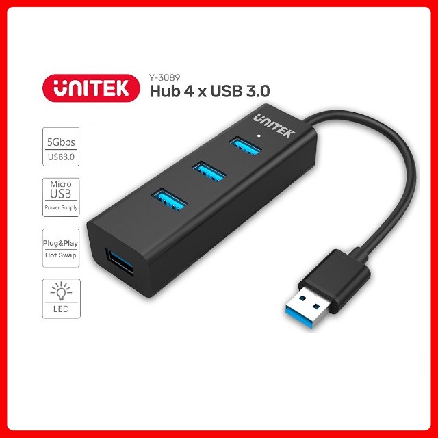 [Mã ELFLASH5 giảm 20K đơn 50K] Bộ chia USB 4 port 3.0 Unitek (Y3089) Chính hãng - BH 12 Tháng