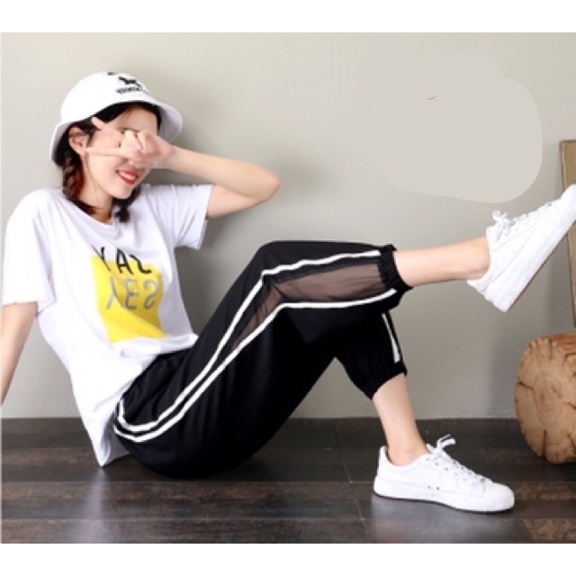 Quần baggy nữ cạp chun lửng CHAT pha lưới dáng thể thao đẹp Q084