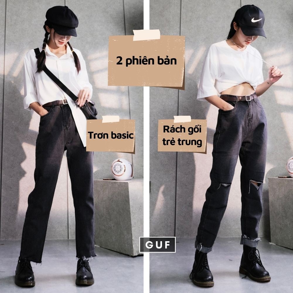 Quần Baggy Jean Nữ (Có Cả Bản Trơn Và Rách Gối) Cạp Cao Màu Đen Xám Khói Ôm Eo, Che Khuyết Điểm Thương Hiệu GUF | BigBuy360 - bigbuy360.vn