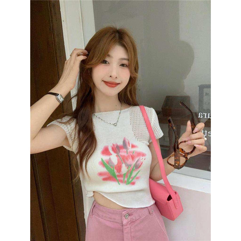 Áo Thun Gân Ngắn Tay In Hoa Phong Cách Mới Dành Cho Mùa Hè 62410