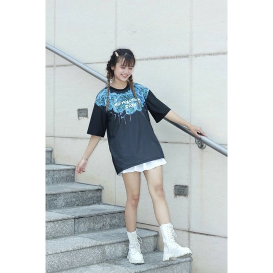 Áo thun in hoa hồng xanh, áo phông tay lỡ, áo form rộng unisex | BigBuy360 - bigbuy360.vn