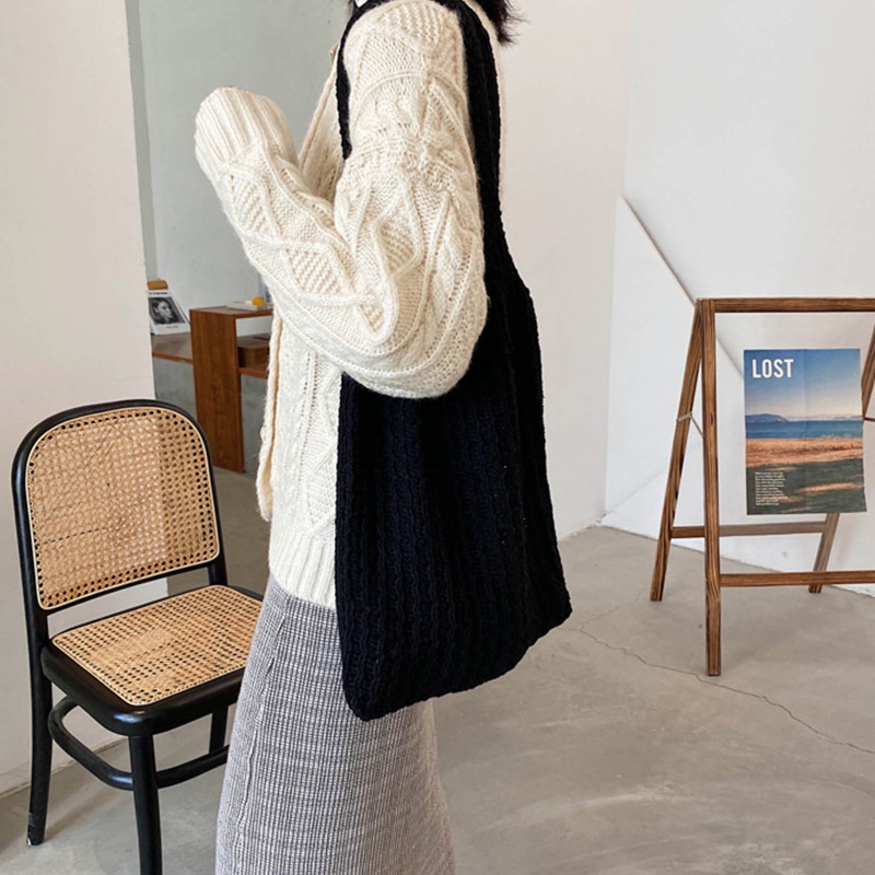 Túi Xách Tote Dệt Kim Mềm Màu Trơn Cỡ Lớn Phong Cách Cổ Điển Thời Trang Cho Nữ